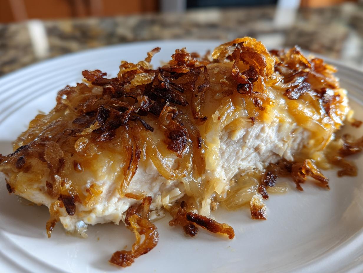 A close-up, cross-section view of a tender piece of french onion chicken topped with melted cheese and crispy fried onions.