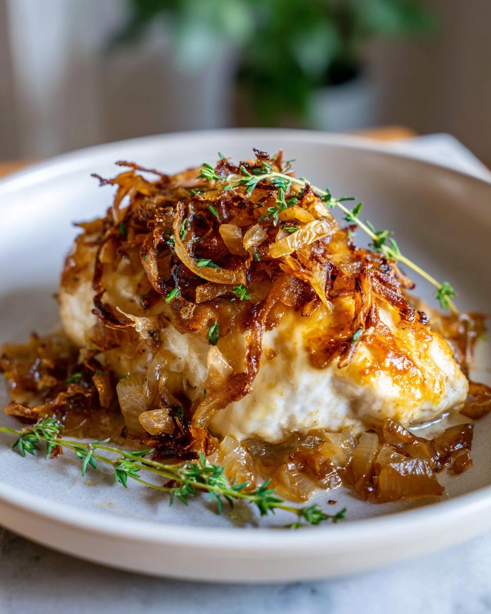 A close-up of a piece of french onion chicken smothered in caramelized onions and topped with fresh thyme sprigs.