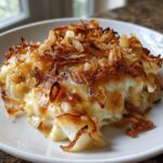 A close-up of a serving of creamy french onion chicken topped with crispy, caramelized fried onions.