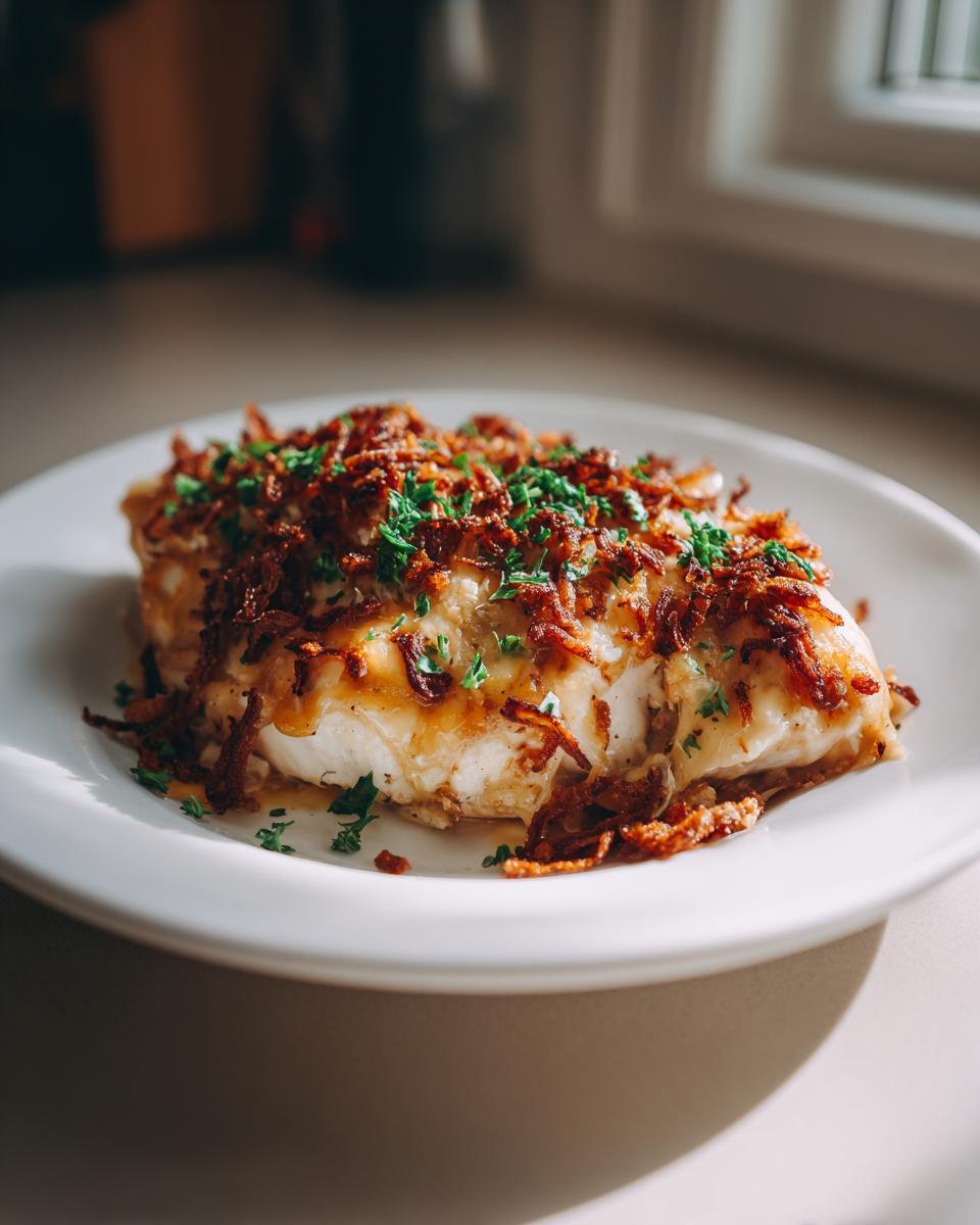 A close-up of a single serving of french onion chicken topped with crispy fried onions and parsley.