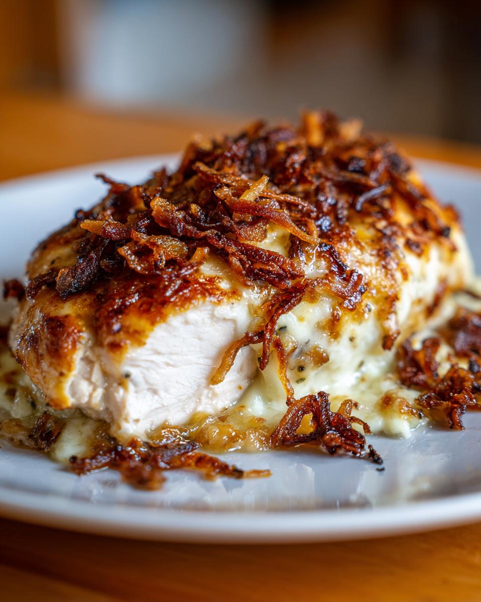Close-up of a juicy french onion chicken breast topped with melted cheese and crispy fried onions.