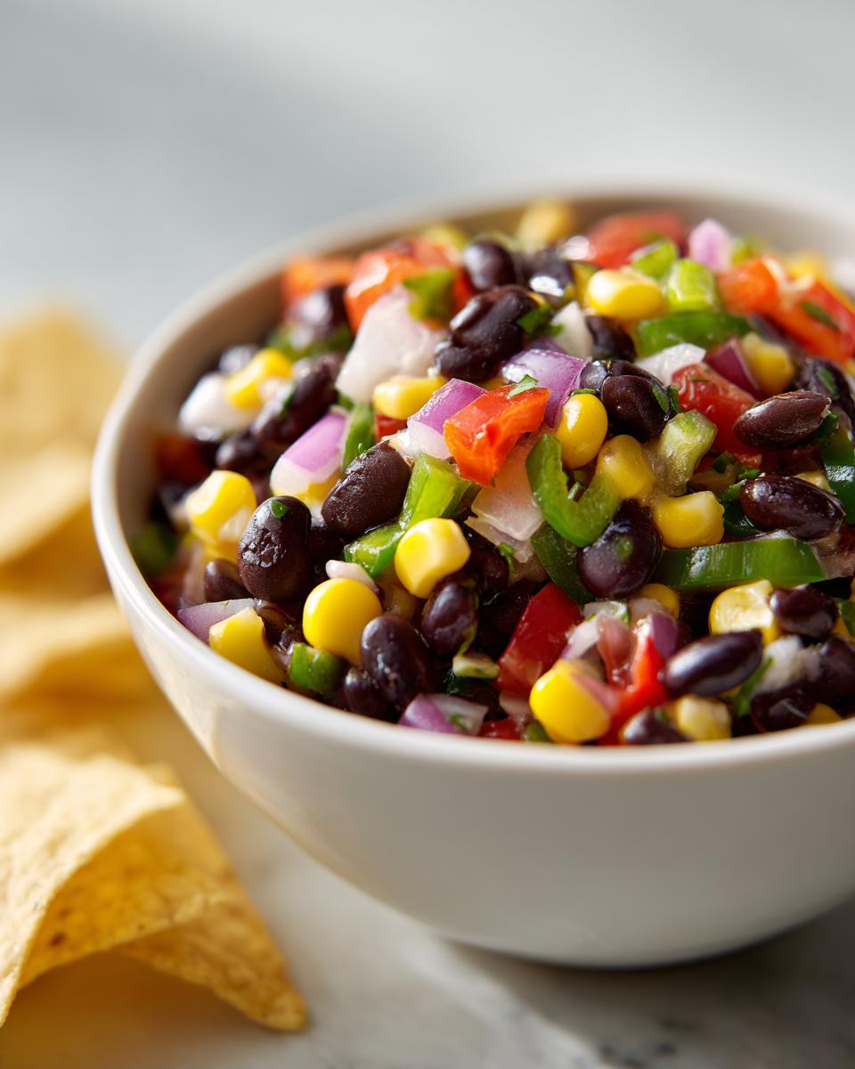 Close-up of vibrant cowboy caviar featuring black beans, corn, peppers, and red onion, served with tortilla chips.