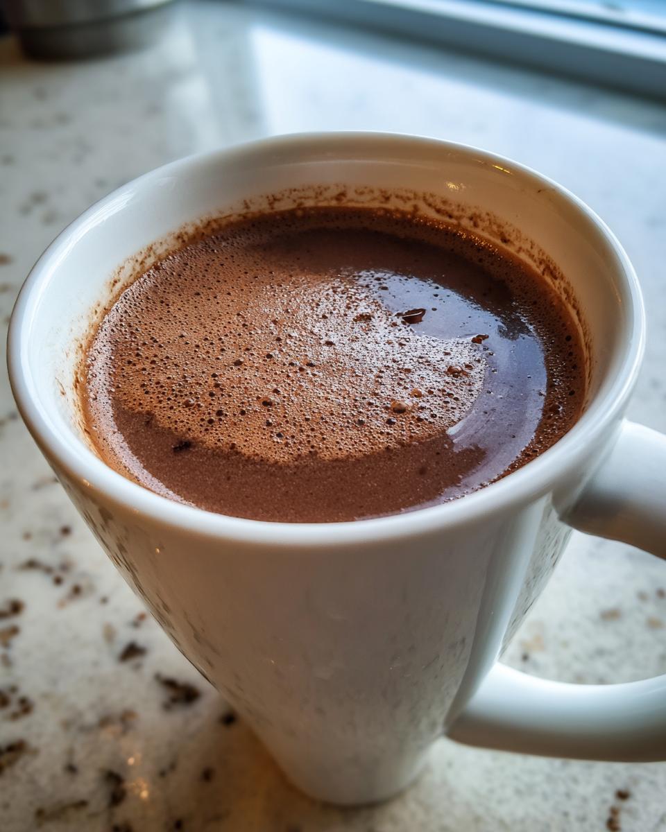 Close-up of rich, frothy homemade hot cocoa filling a white mug, sitting on a speckled countertop.
