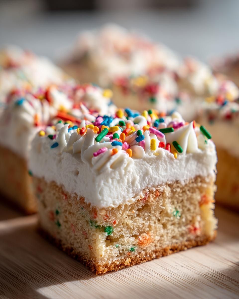 A close-up of a single, thick slice of funfetti sugar cookie bars topped with white frosting and colorful sprinkles.