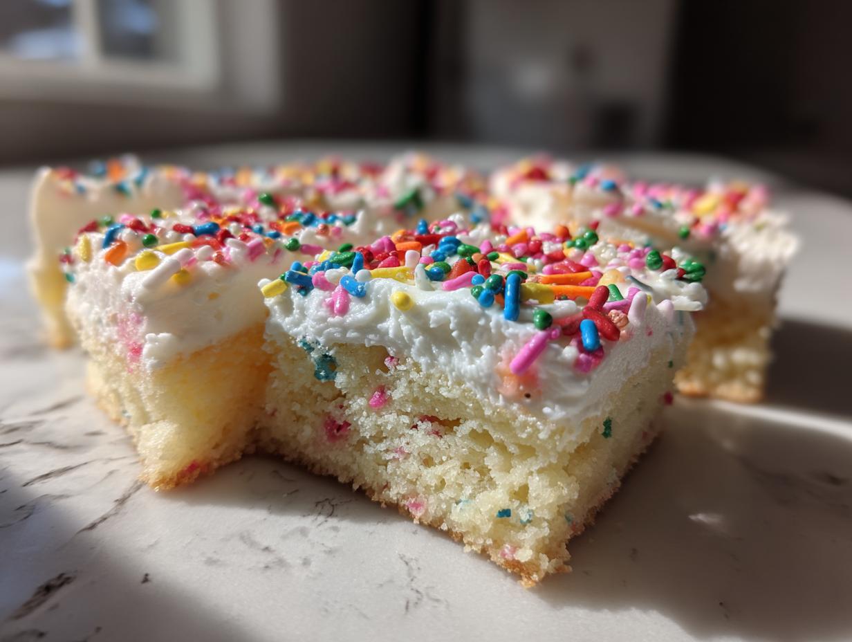 Close-up of a square slice of funfetti sugar cookie bars topped with white frosting and colorful sprinkles.
