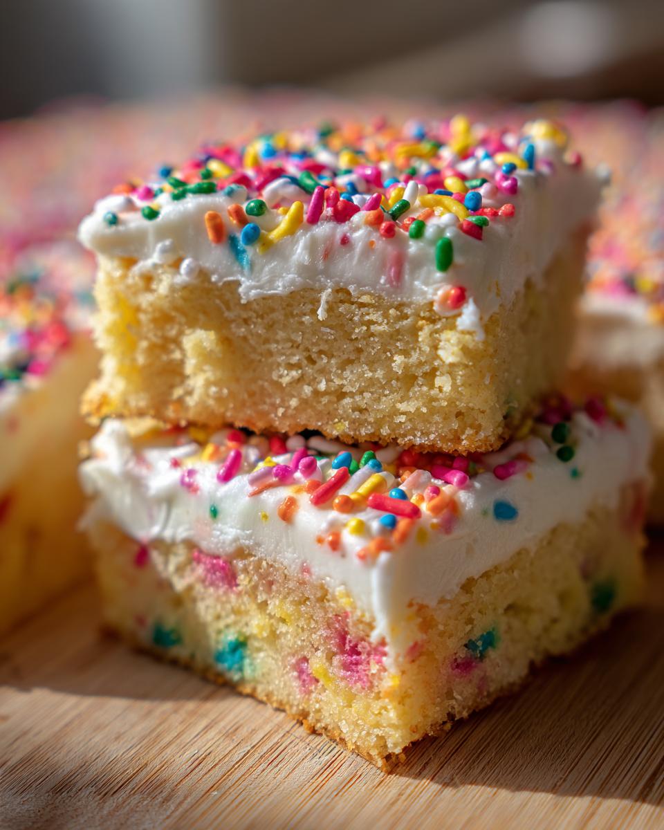 Two stacked squares of funfetti sugar cookie bars topped with thick white frosting and colorful sprinkles.