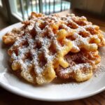 Close-up of golden brown, crispy funnel cake recipe pieces generously dusted with white powdered sugar on a white plate.