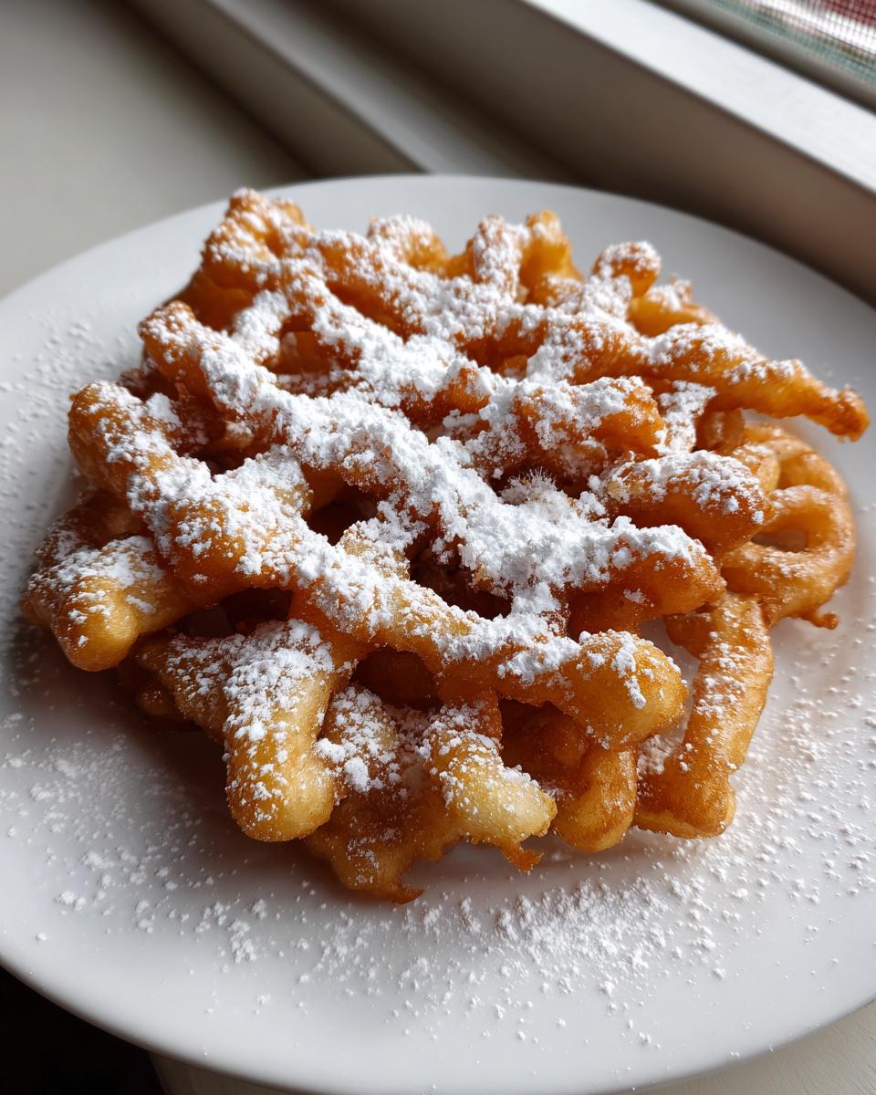 Golden brown, freshly fried funnel cake recipe creation generously dusted with white powdered sugar on a white plate.