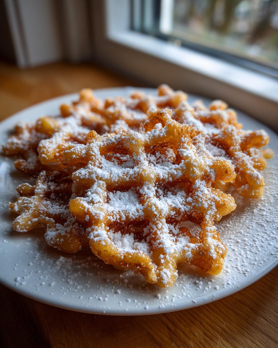 Close-up of golden brown funnel cake recipe pieces piled on a white plate and heavily dusted with powdered sugar.