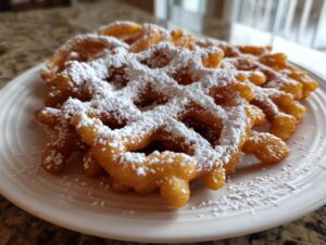 Close-up of a golden brown funnel cake recipe creation heavily dusted with powdered sugar on a white plate.