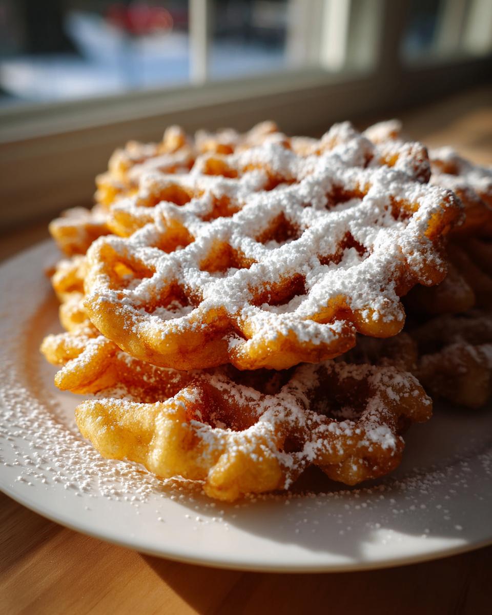 A stack of golden-brown, freshly fried funnel cake recipe treats generously dusted with powdered sugar.