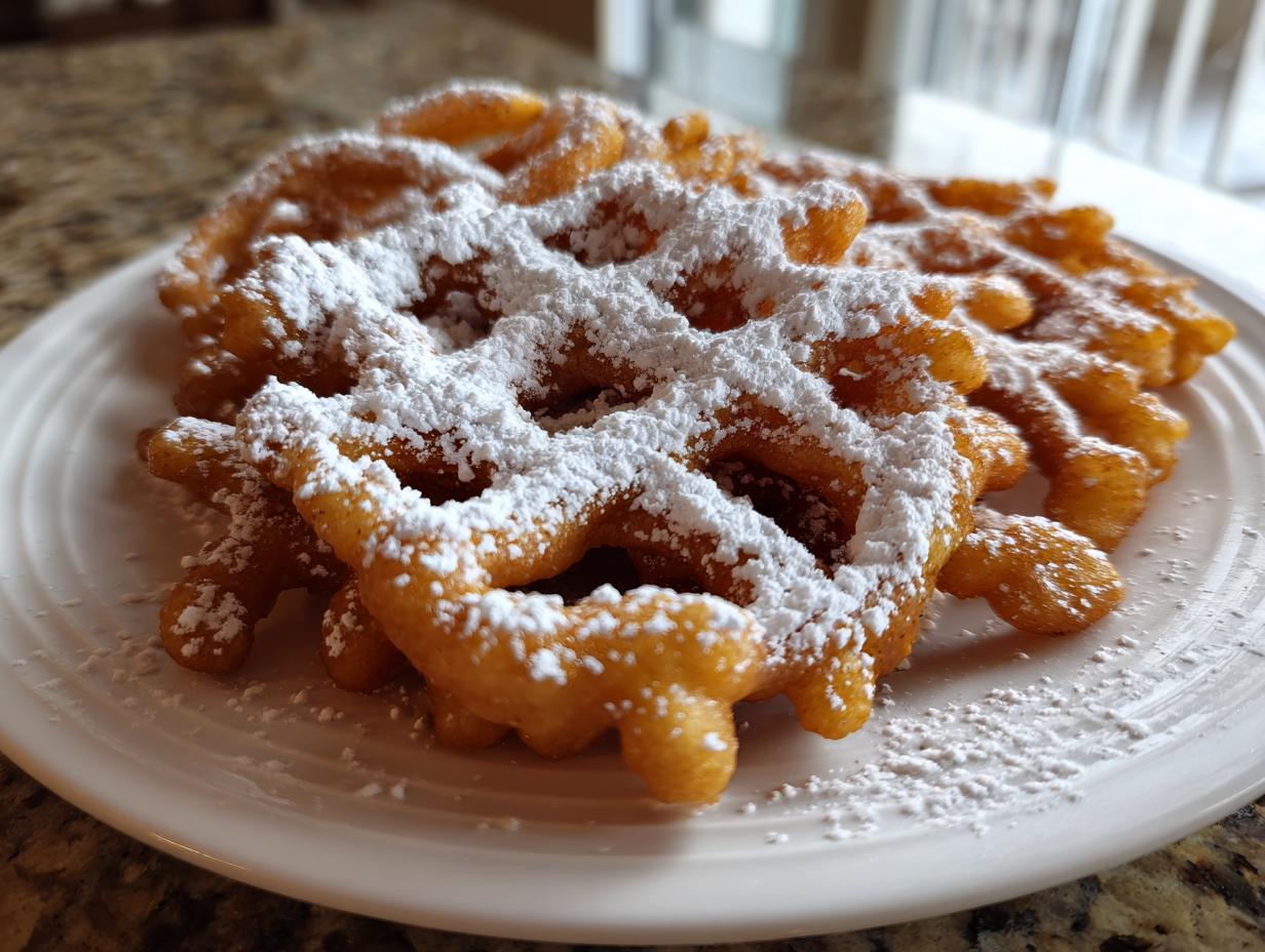 Close-up of a golden brown funnel cake recipe creation heavily dusted with powdered sugar on a white plate.