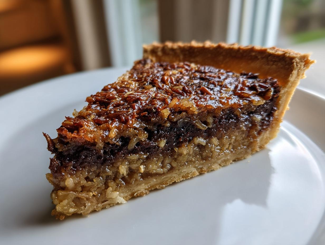 A close-up shot of a decadent slice of German chocolate pie showing the flaky crust and rich, layered coconut-pecan filling.
