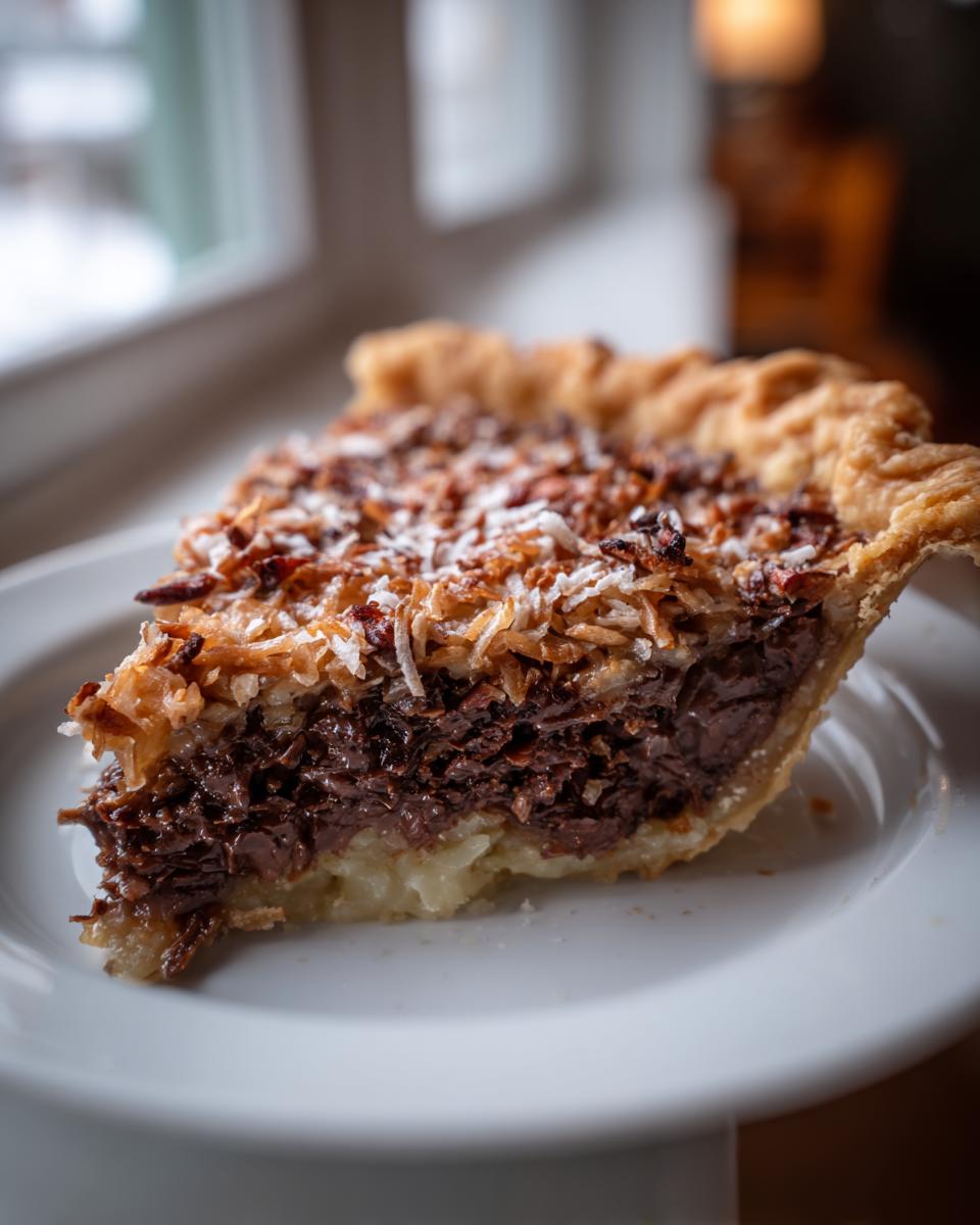 A close-up of a rich slice of german chocolate pie showing the chocolate filling and toasted coconut topping on a white plate.