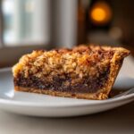 A close-up of a rich slice of German chocolate pie showing the dark chocolate filling and toasted coconut pecan topping.