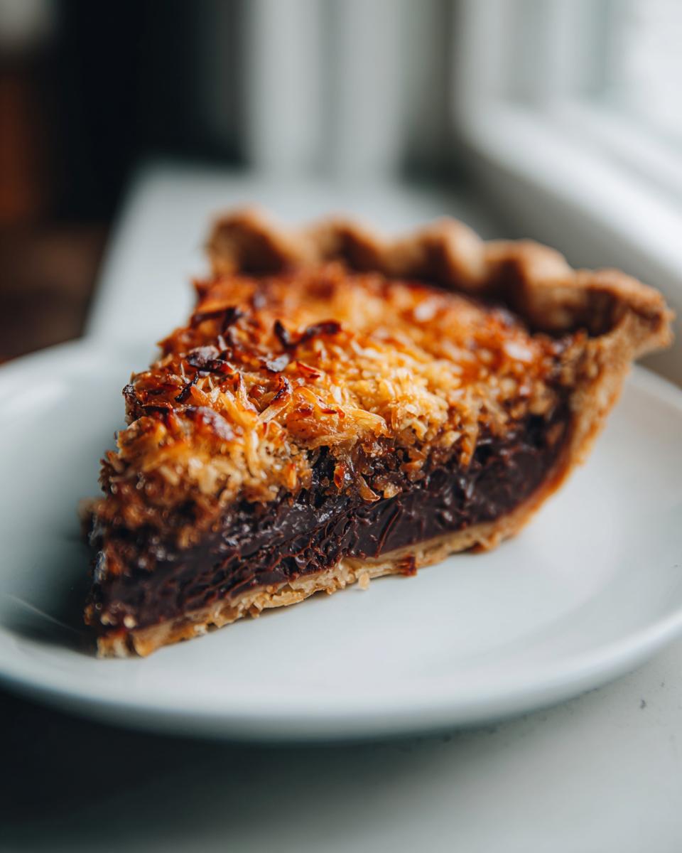 A close-up slice of german chocolate pie showing a dark chocolate filling and a toasted coconut pecan topping on a white plate.
