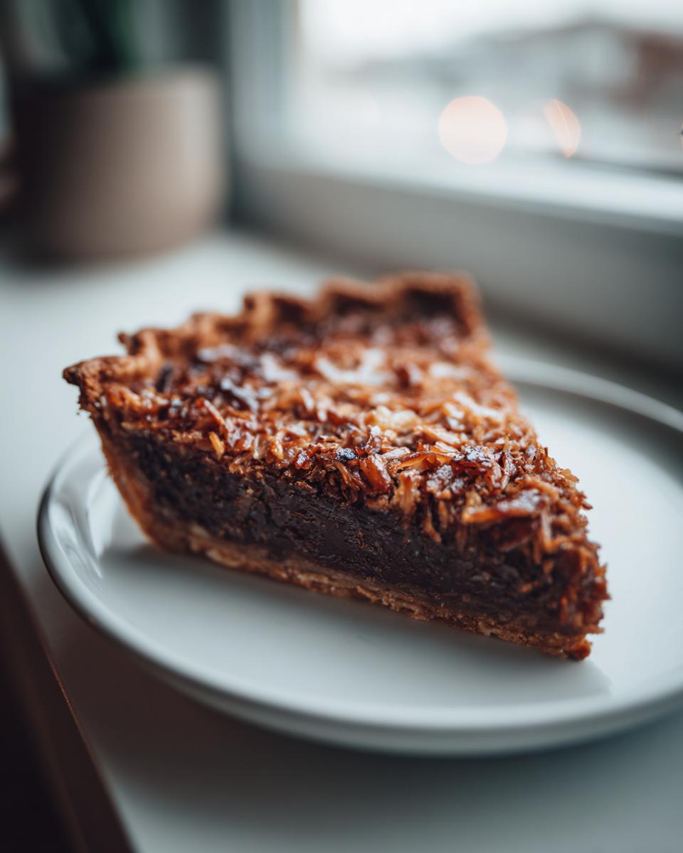 A close-up of a single slice of rich German chocolate pie topped with toasted coconut flakes on a white plate.