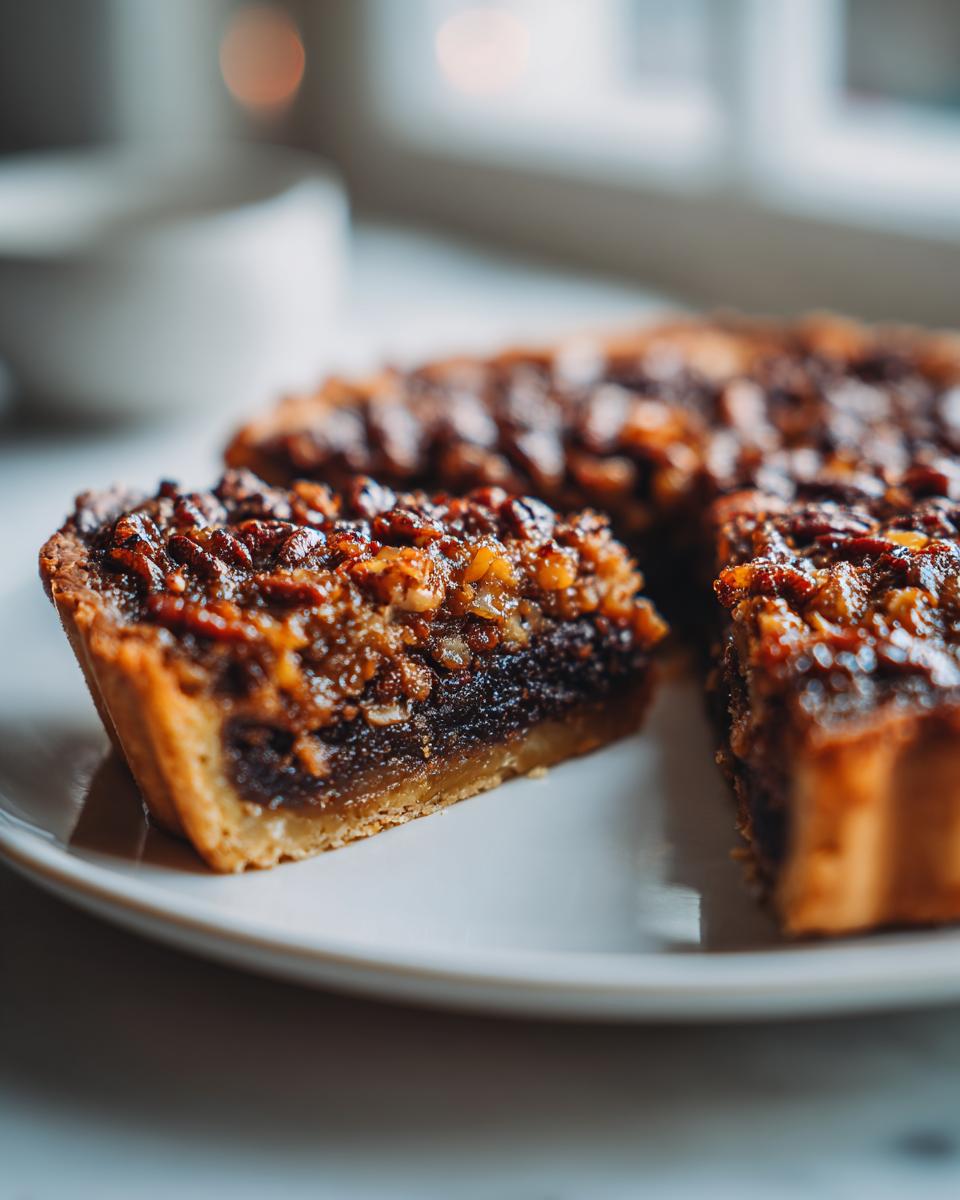 Close-up of a slice of rich German Chocolate Pie showing the dark filling and pecan topping on a white plate.