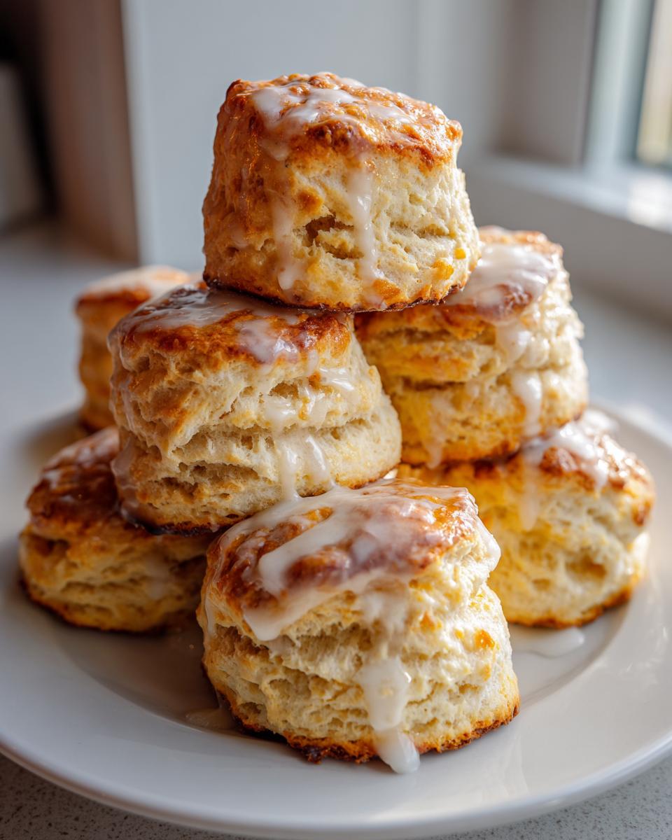 A tall stack of fluffy, golden-brown scones topped with a sweet white glaze, ready to serve.