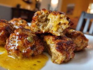 Close-up of juicy chicken piccata meatballs, glazed with lemon sauce and topped with capers, one meatball is broken open.