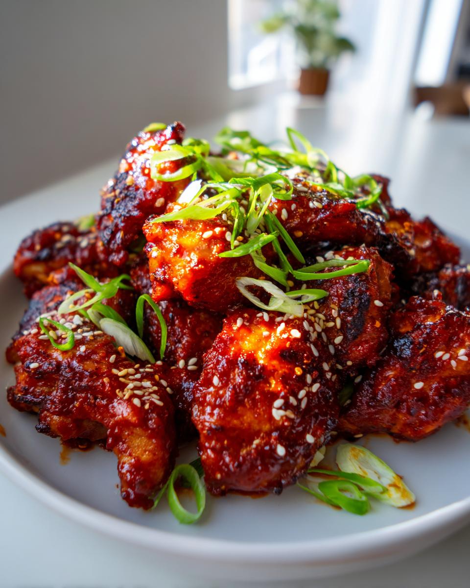 A close-up of sticky, glazed gochujang chicken pieces garnished with sesame seeds and sliced green onions.