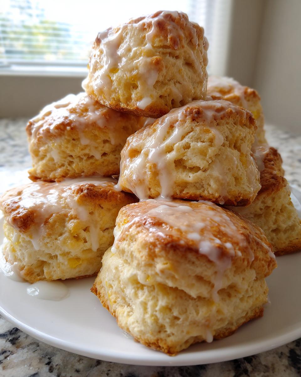 A tempting stack of freshly baked, square-cut scones drizzled with a thick white glaze.