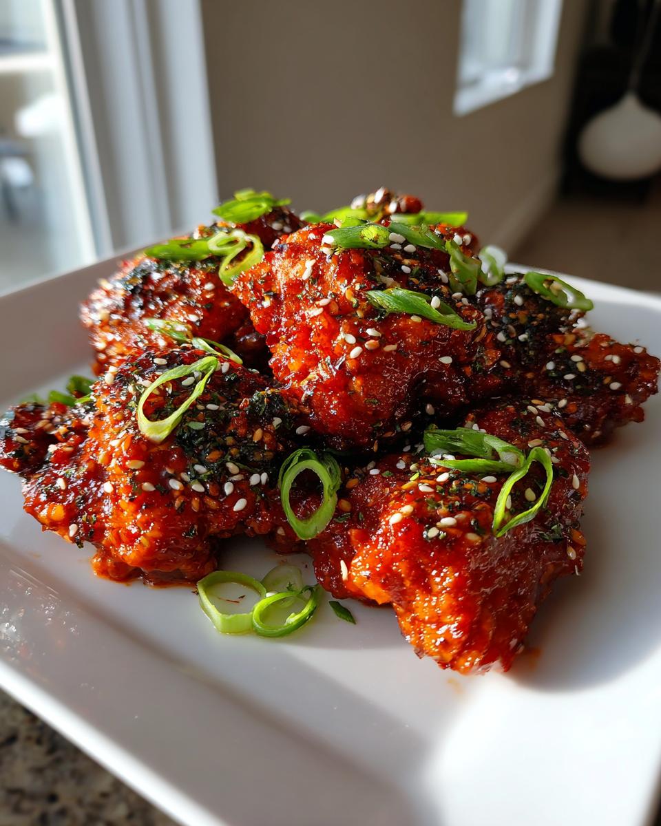 Close-up of glossy, red-glazed gochujang chicken pieces topped with sesame seeds and sliced green onions.
