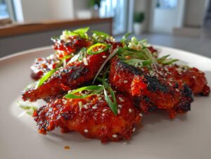 Close-up of sticky, glazed gochujang chicken pieces topped with sesame seeds and sliced green onions.