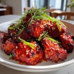 Close-up of sticky, glazed gochujang chicken pieces topped with sliced green onions and sesame seeds.