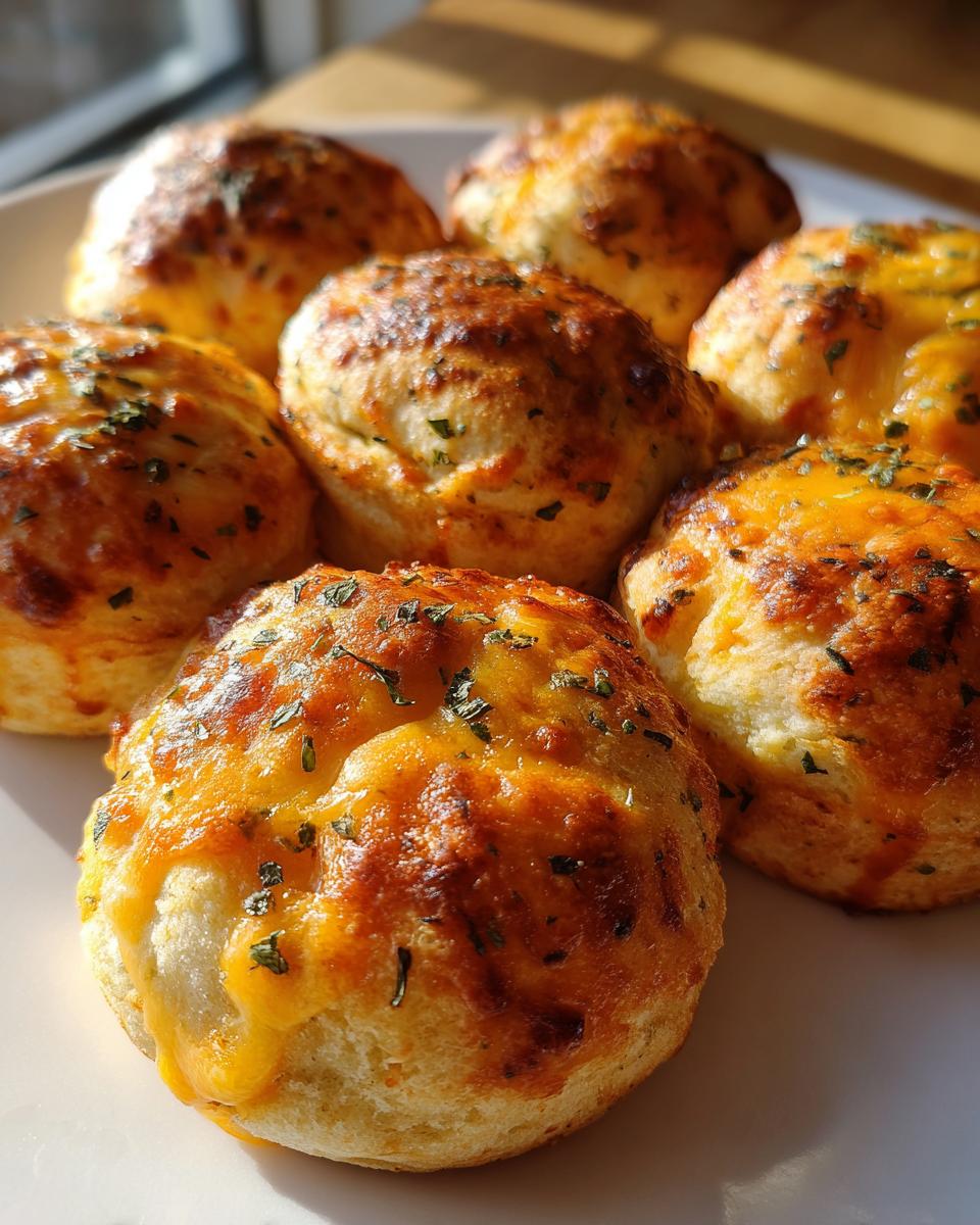 Close-up of several golden brown, cheesy pizza bites sprinkled with herbs on a white plate.