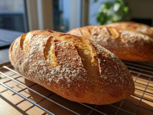 Close-up of a freshly baked loaf of french bread with a golden, scored crust dusted with flour, cooling on a wire rack.