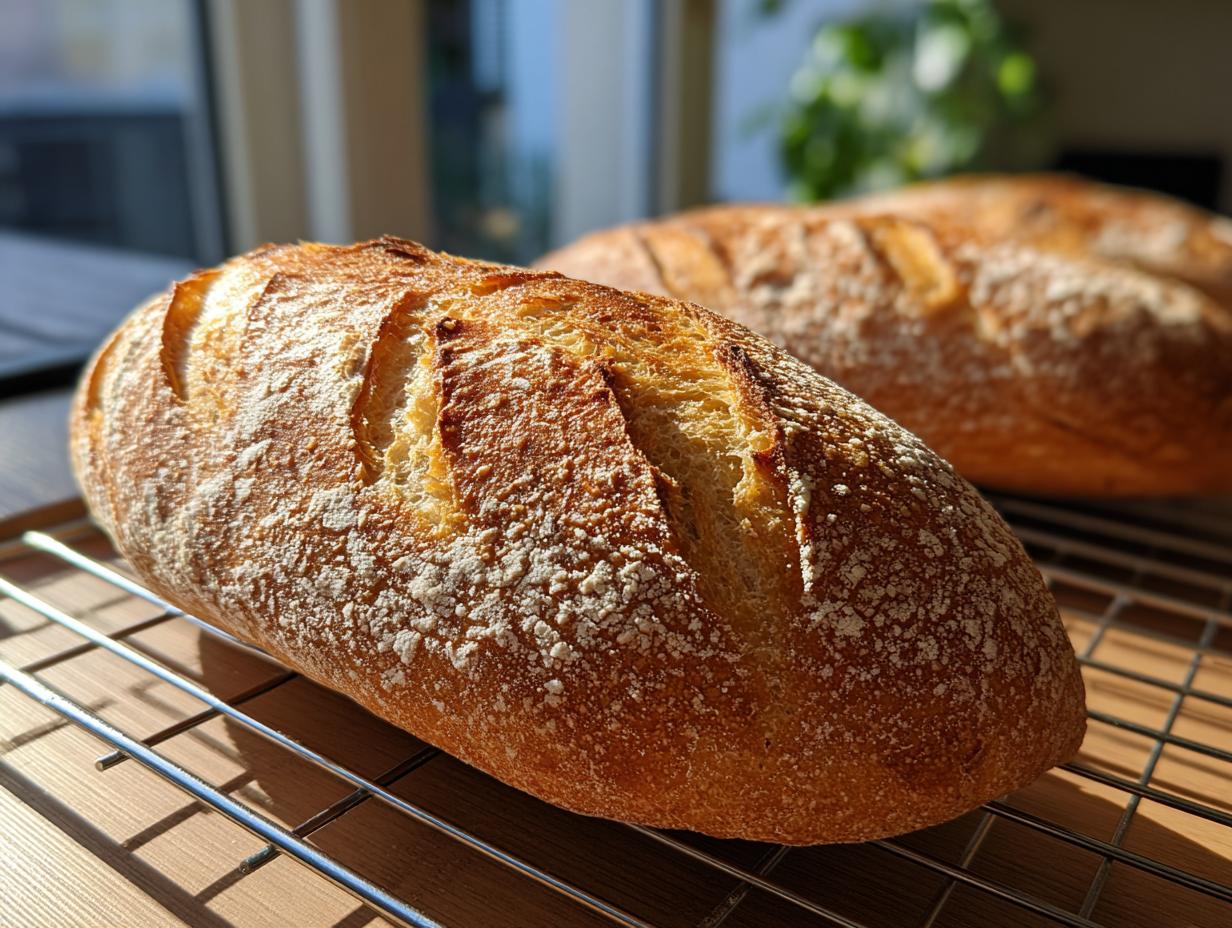 Close-up of a freshly baked loaf of french bread with a golden, scored crust dusted with flour, cooling on a wire rack.