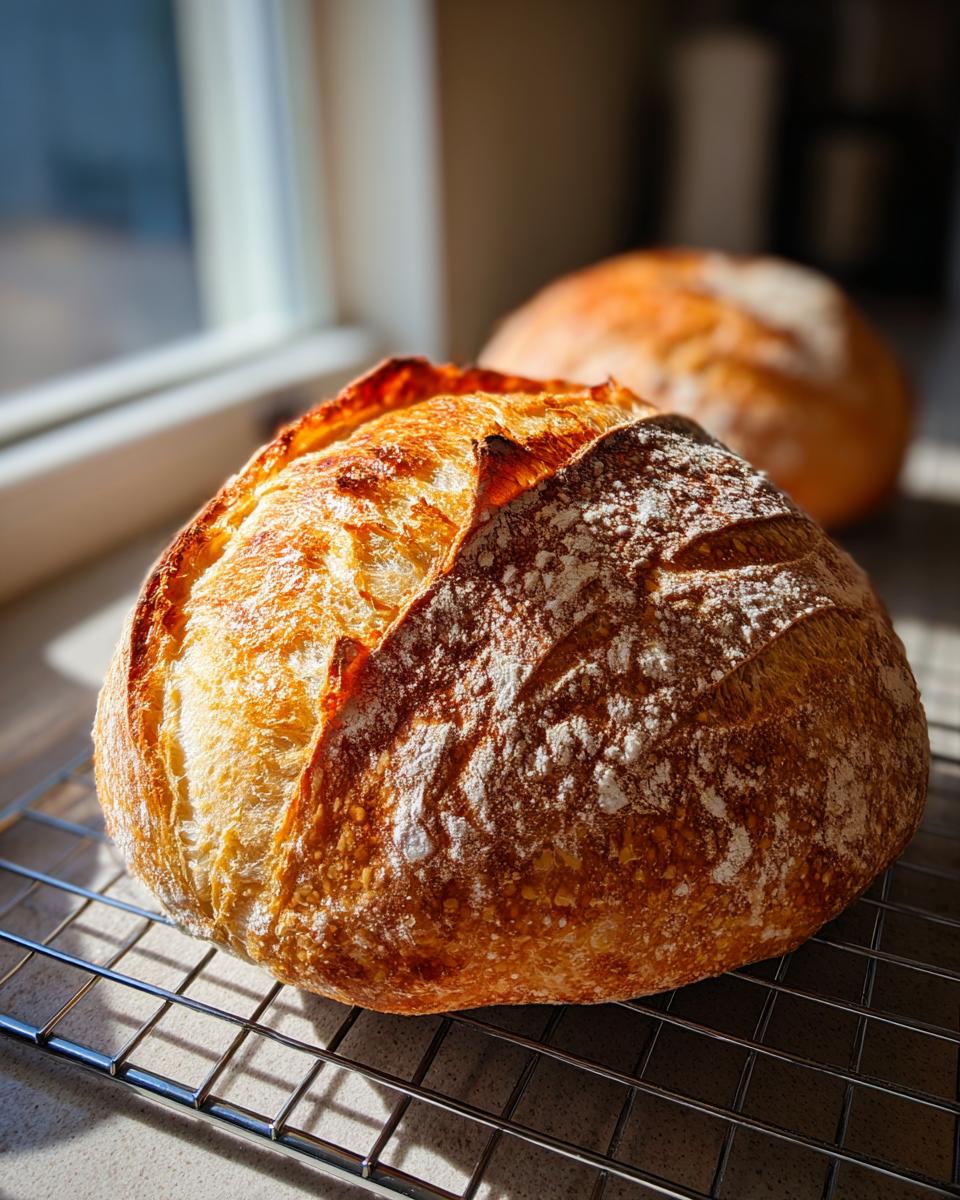 A beautifully scored, golden-crusted loaf of french bread cooling on a wire rack in bright sunlight.