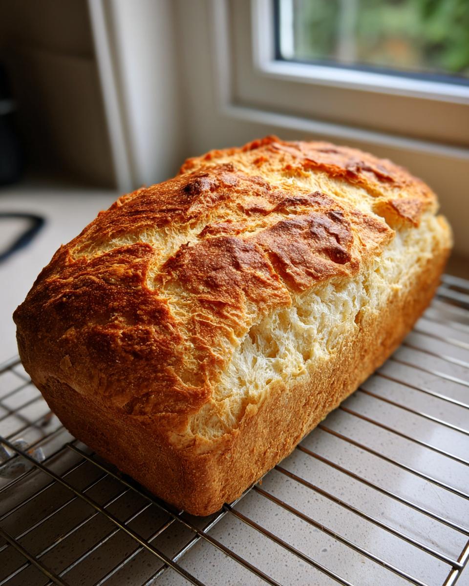 A freshly baked loaf of golden brown french bread cooling on a wire rack near a window.
