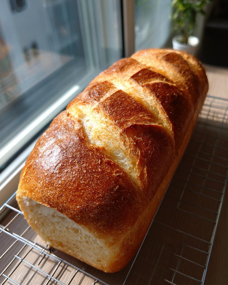 A freshly baked loaf of golden brown french bread with a scored top, cooling on a wire rack near a window.