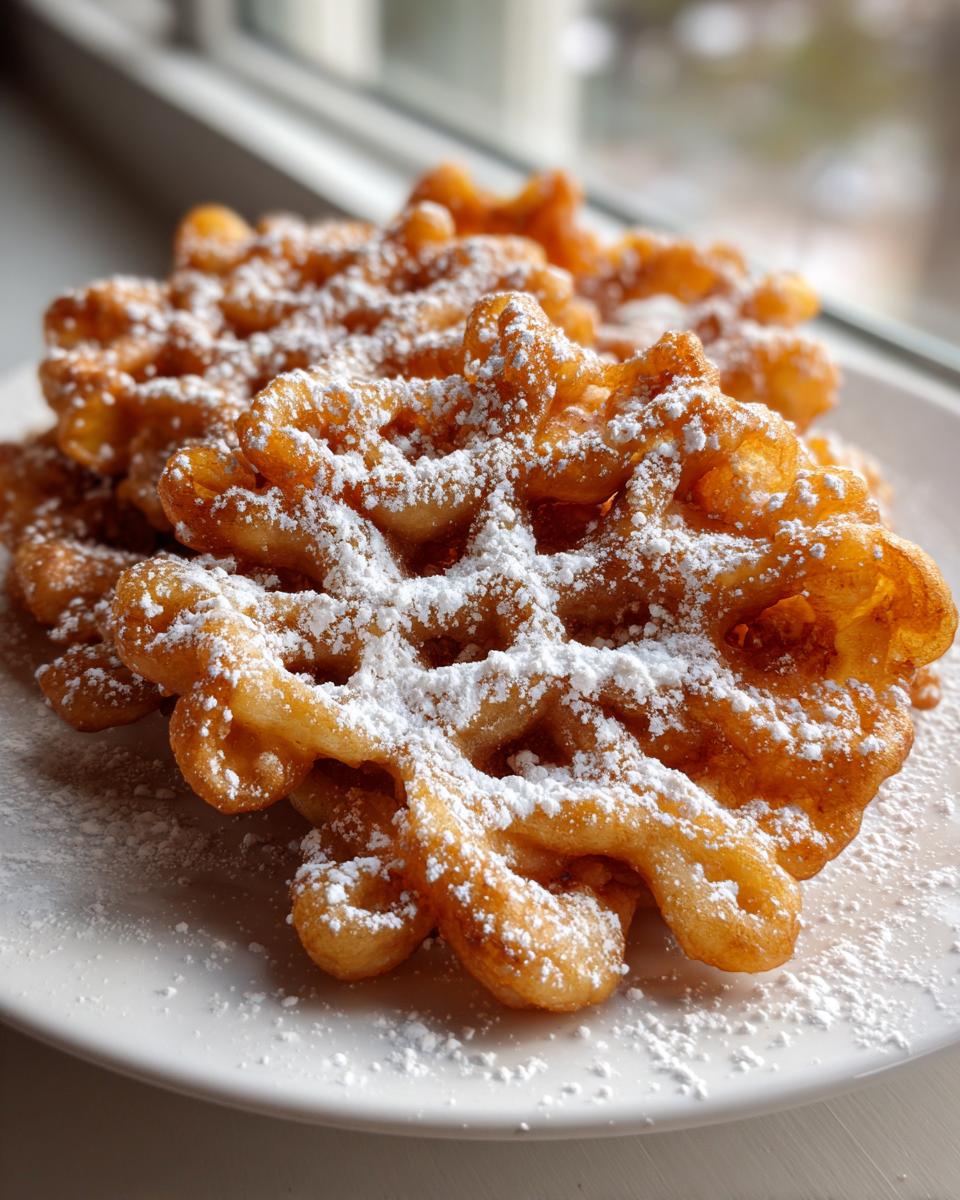 Close-up of golden fried funnel cake recipe pieces generously dusted with white powdered sugar on a white plate.