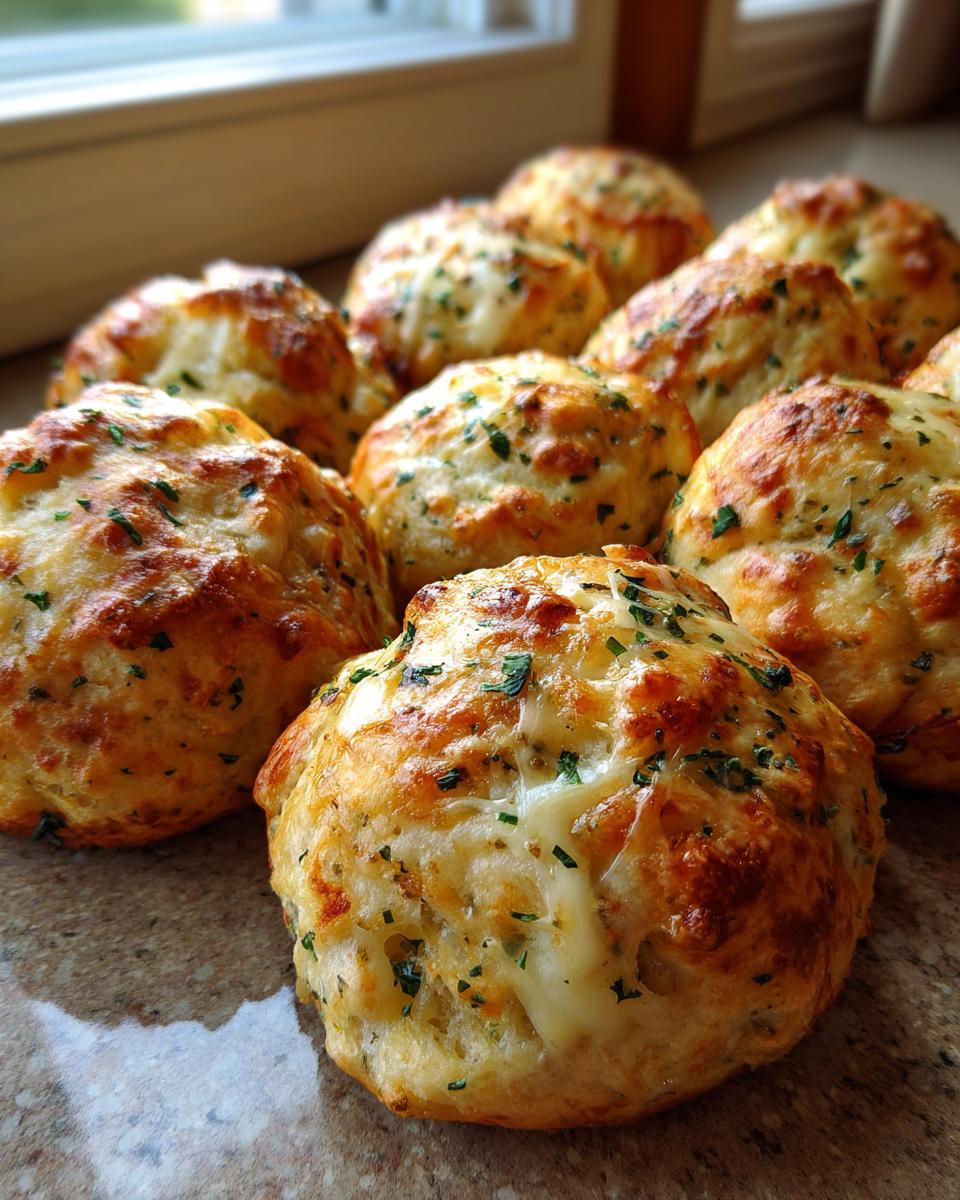 Close-up of freshly baked pizza bites, golden brown and topped with melted cheese and green herbs.