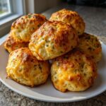A pile of golden brown, cheesy pizza bites topped with herbs, served on a white plate near a window.