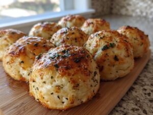 Close-up of several golden brown, cheesy pizza bites topped with herbs, resting on a wooden cutting board.