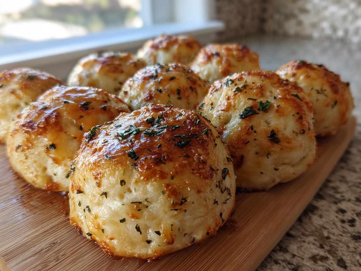 Close-up of several golden brown, cheesy pizza bites topped with herbs, resting on a wooden cutting board.