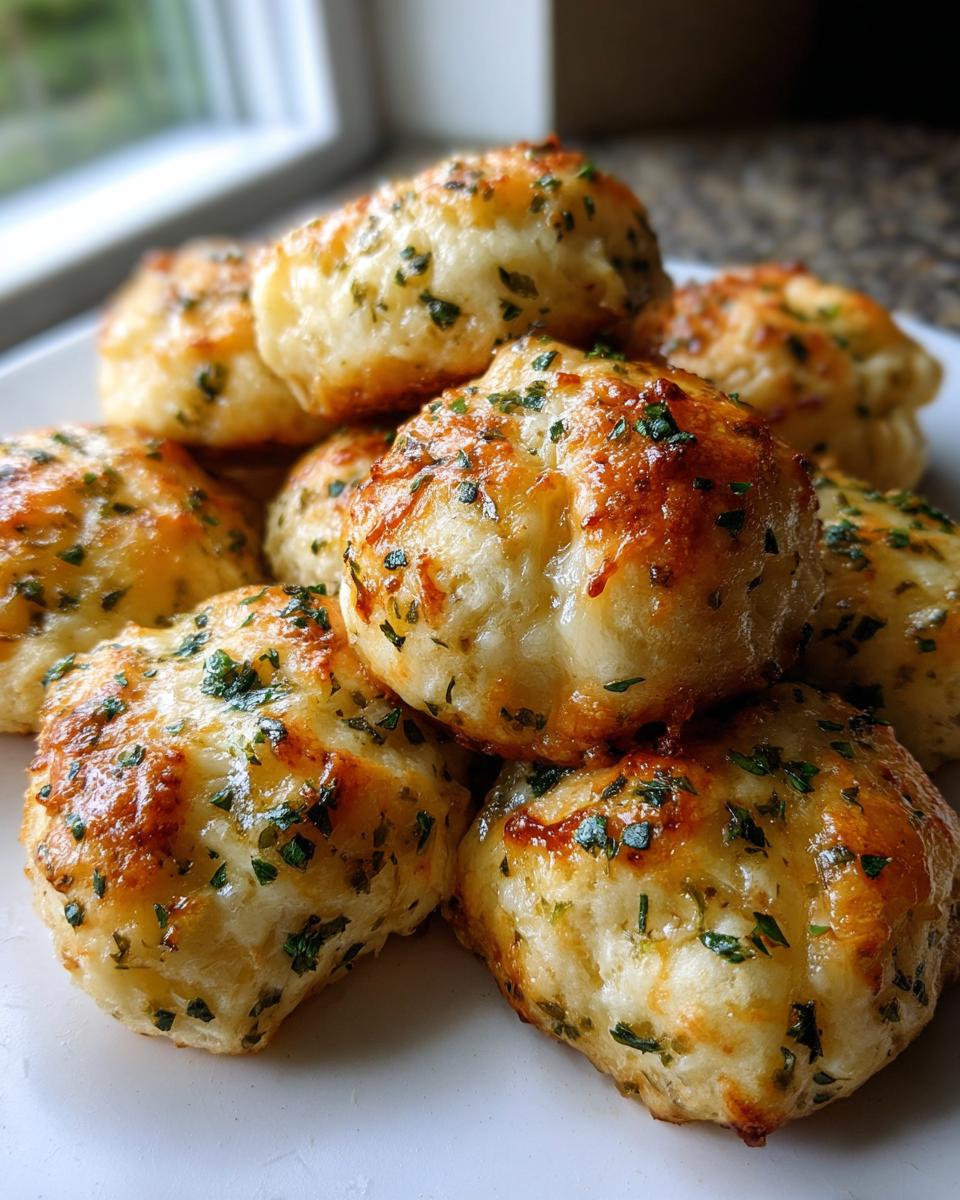 A stack of golden brown, cheesy pizza bites topped with melted butter and fresh parsley.