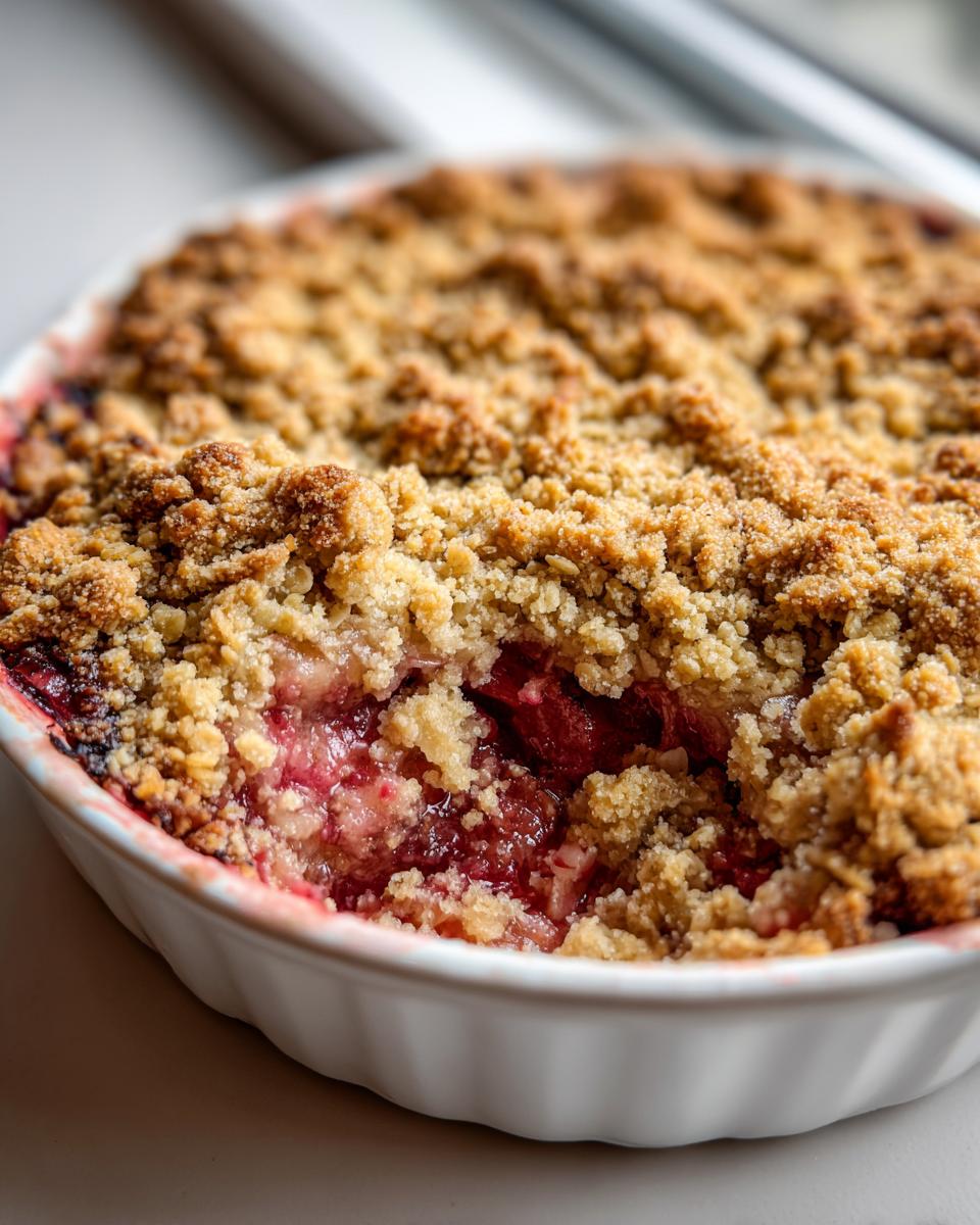 Close-up of a freshly baked rhubarb crisp in a white dish, showing bubbling red fruit filling under a golden, crumbly topping.