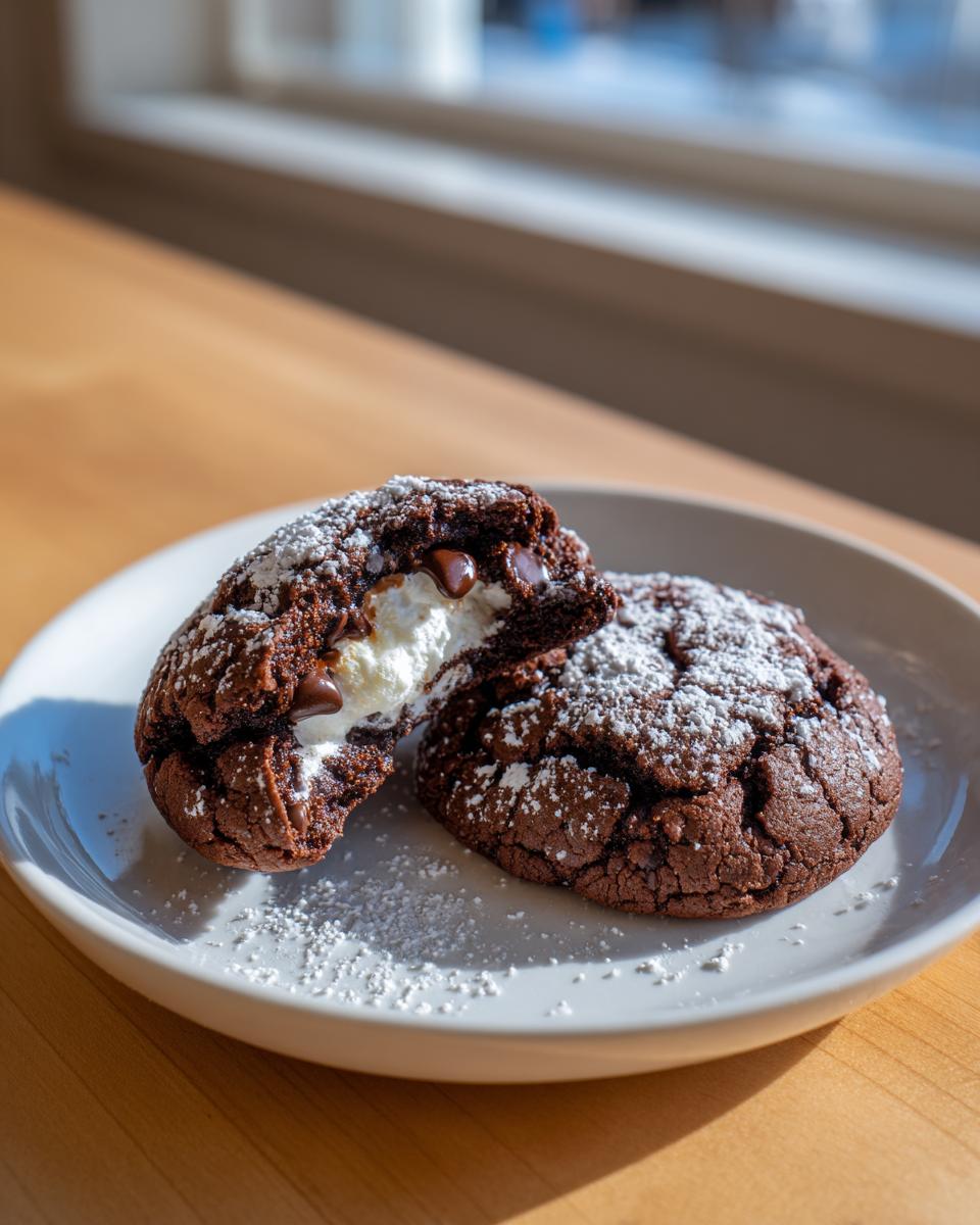 Two rich, dark hot chocolate cookies dusted with powdered sugar, one broken open to show gooey marshmallow and chocolate chips.