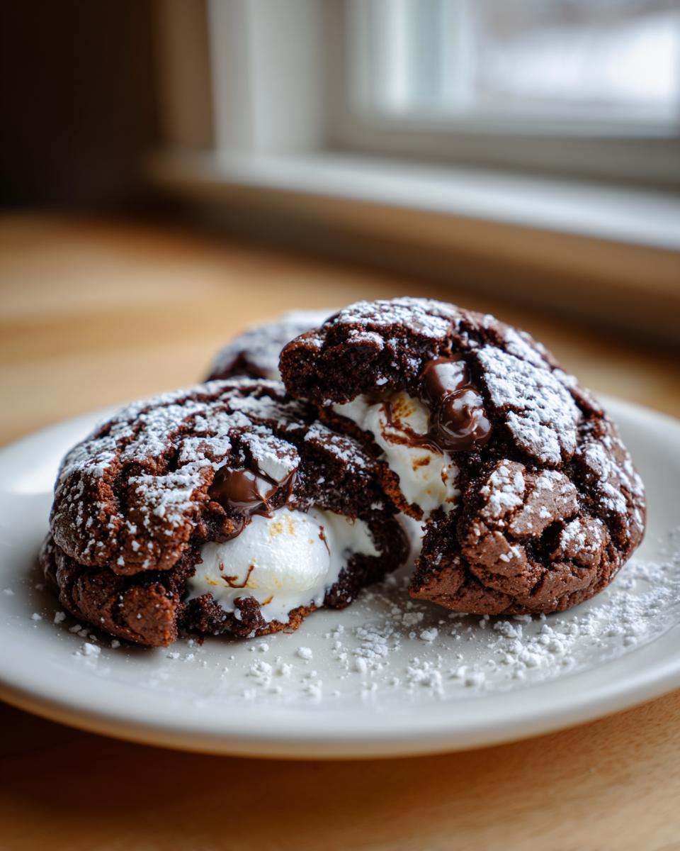 Close-up of a rich, dark hot chocolate cookie broken open to reveal a melted marshmallow center and chocolate chips.