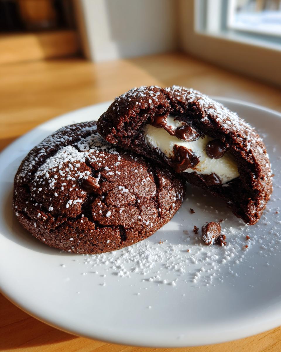 Two rich, dark hot chocolate cookies dusted with powdered sugar, one broken open to show gooey marshmallow and chocolate chips.