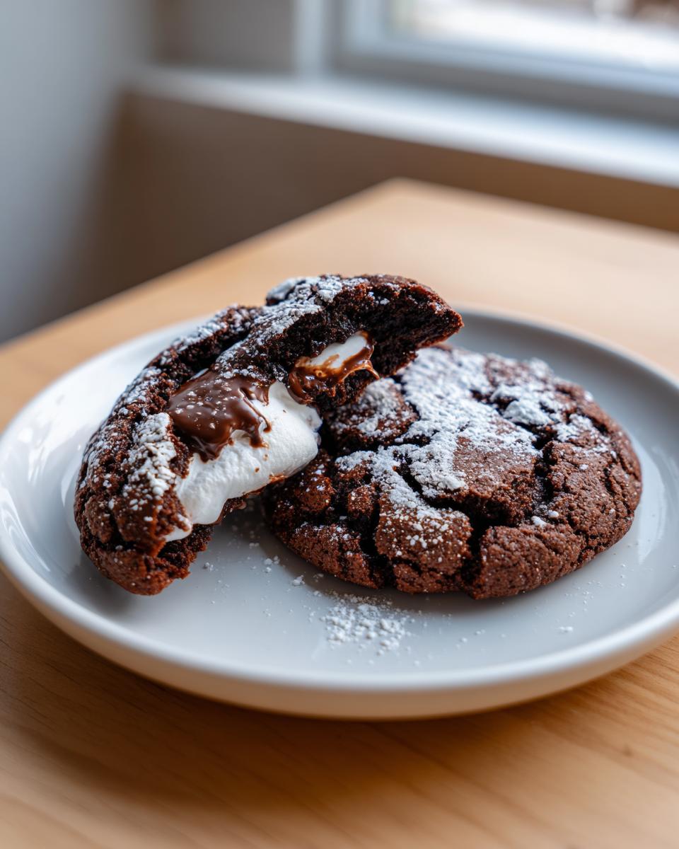 Two rich, dark chocolate hot chocolate cookies dusted with powdered sugar, one broken open to show melted marshmallow.