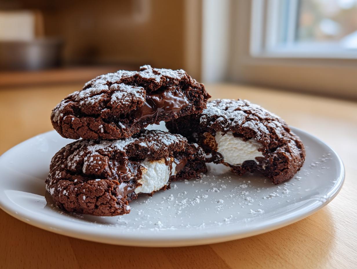 Three rich, dark chocolate hot chocolate cookies stacked on a white plate, showing gooey melted chocolate and marshmallow filling.