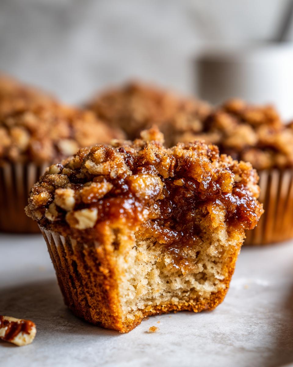 Close-up of a pecan pie muffins with a bite taken out, showing the gooey caramel filling and pecan streusel topping.