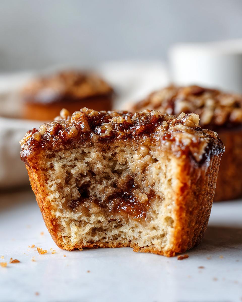 Close-up of a pecan pie muffins cut in half showing the gooey filling and crunchy pecan topping.