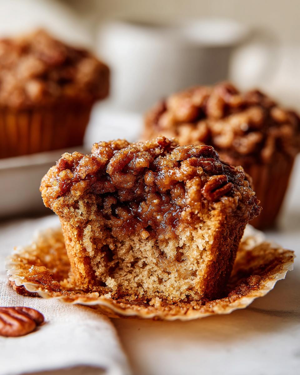 Close-up of a pecan pie muffins cut in half showing the gooey center and pecan topping.